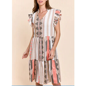 Sofia Made in Italy Bright Geometric aztec print summer Midi Dress with ruffle
